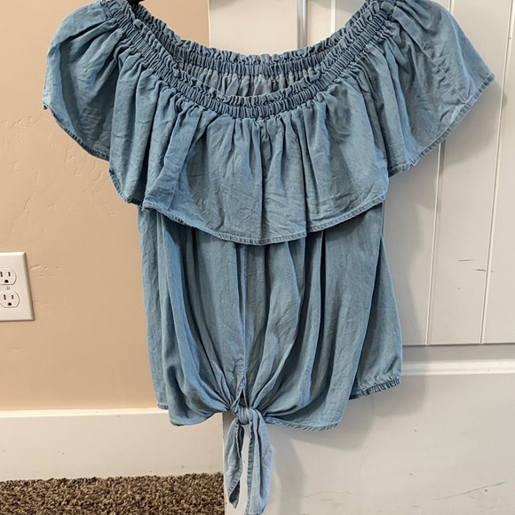 Express Tops - Express Light Blue Off-the-Shoulder Tie-Front Crop Top
